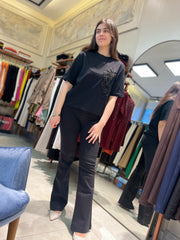 Lacarte Serpme Taşlı İspanyol Paça Siyah Jean Pantolon