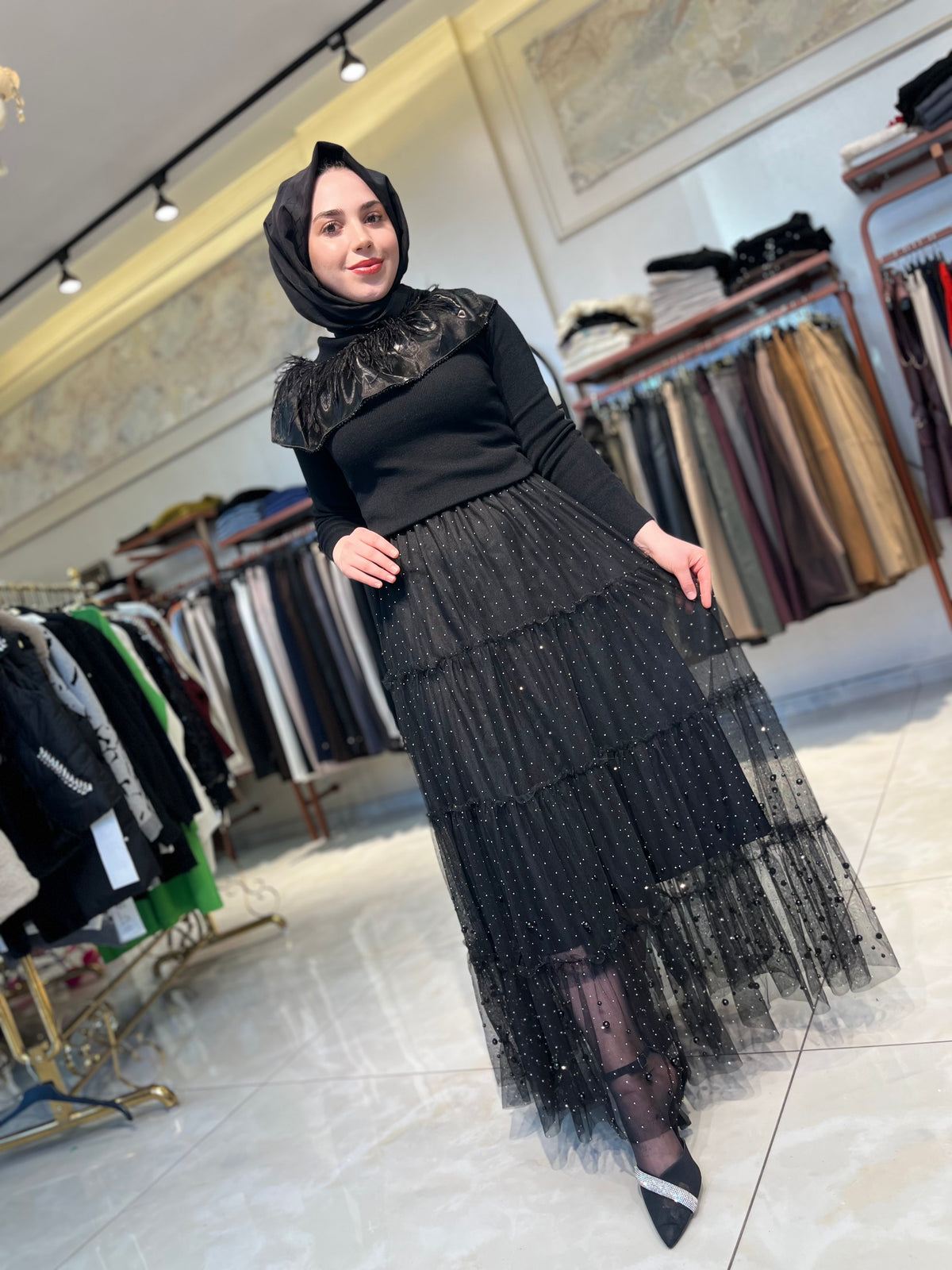 İthal Boncuklu Tül Etek