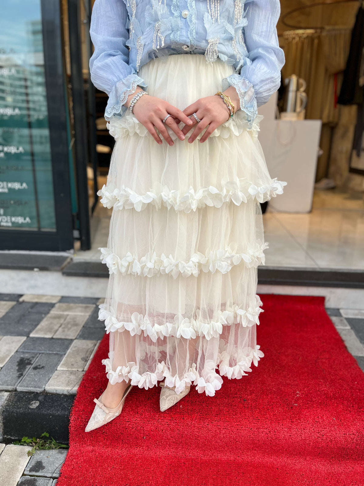 İthal Tüllü Çiçekli Etek